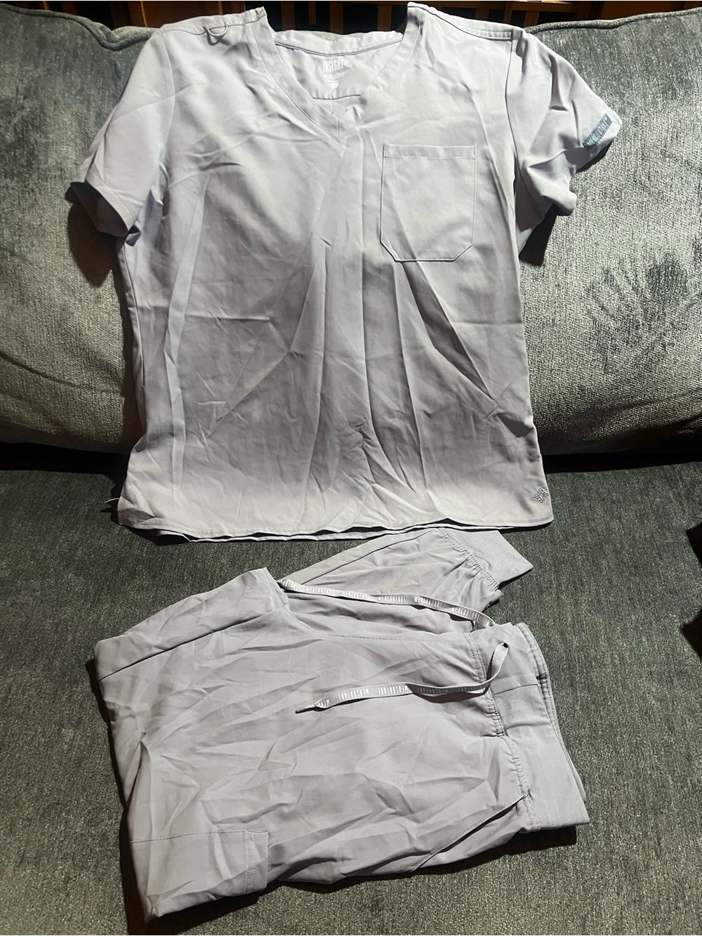 Med Couture women’s Short Sleeve V-Neck Scrub Set in Light Gray